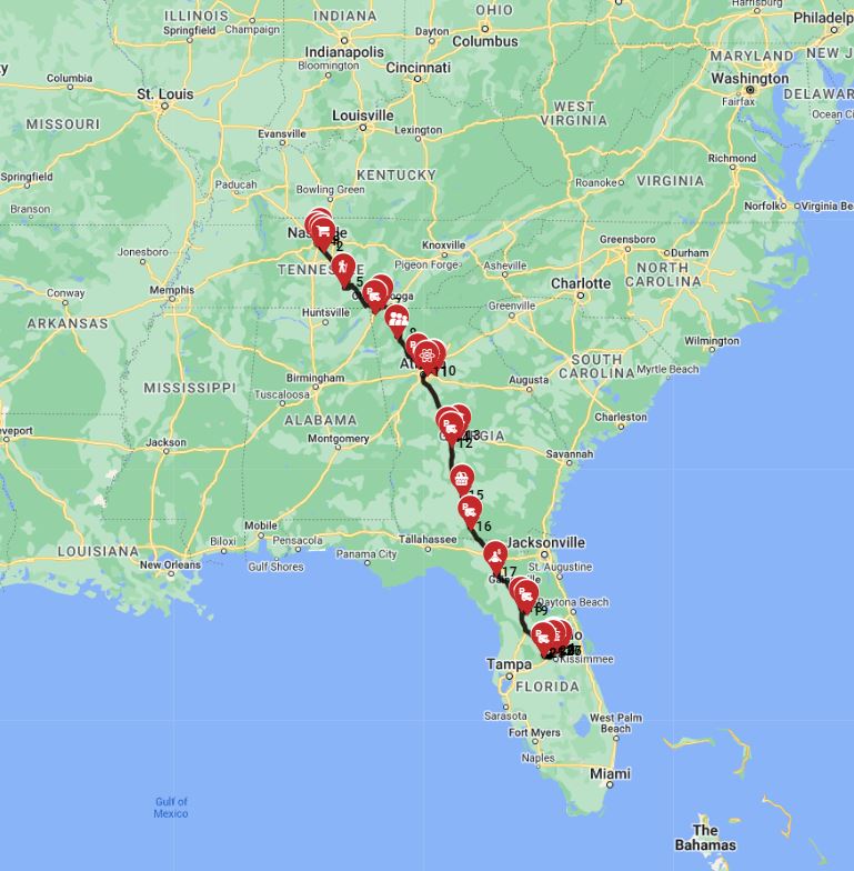 RV route a road trip with a motorhome from Nashville to Orlando